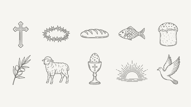 Collection of Christian symbols and Easter icons in a minimalist line art style