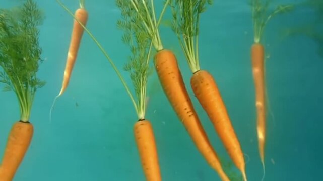 Freshly picked organic carrots with green tops on a teal background