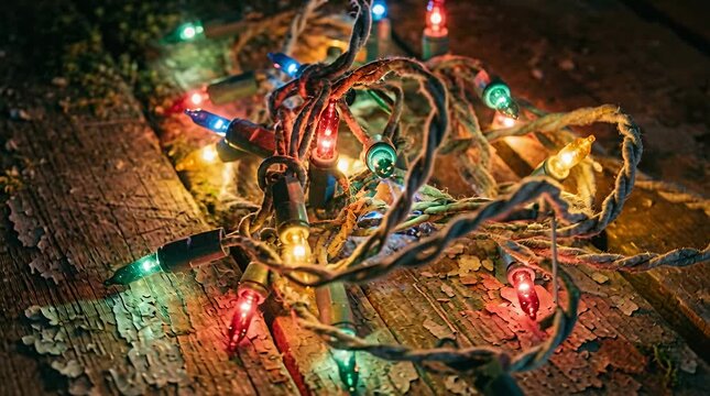 Cozy winter holiday lights tangled on vintage wood surface festive illumination background, christmas lights.