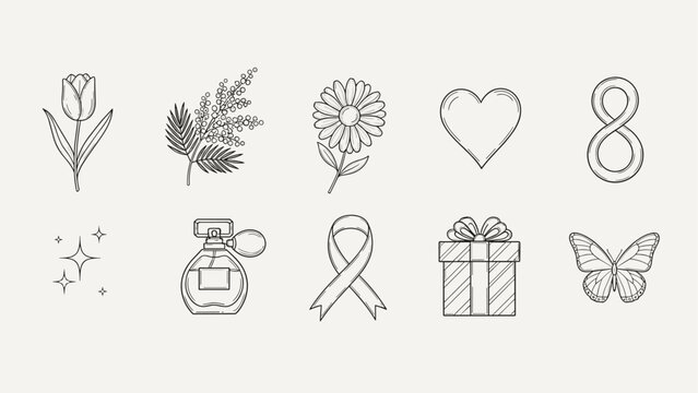 Collection of hand-drawn icons for International Women's Day celebration and symbols