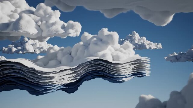 Stylized Fluffy Clouds Against Blue Sky, Digital Rendering
