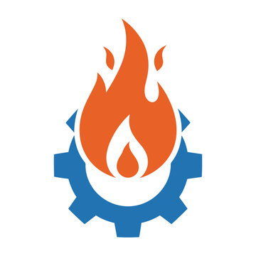 Orange flame on top of blue gear icon symbol graphic design element isolated on white background icon