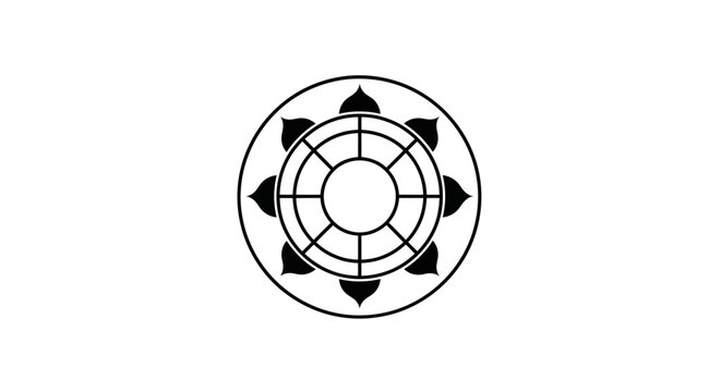 Dharma Wheel Buddhist Symbol Black and White Minimalist Design.