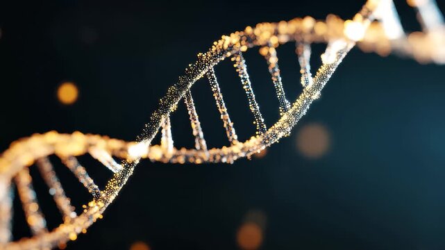 Visual representation of DNA strand with glowing particles in a dark background