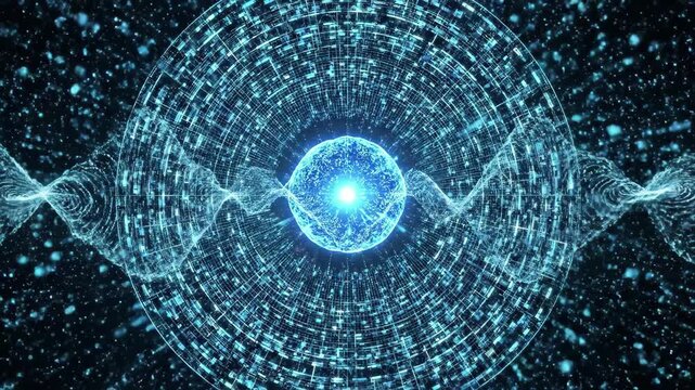 Abstract digital energy core with binary data waves and fingerprint patterns