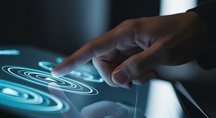 Finger presses on a futuristic interface screen with interactive elements for enhanced user experience