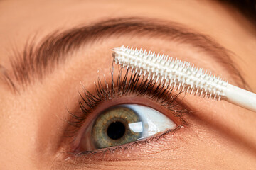 Obraz premium Mascara primer applicator coating long eyelashes and eyelid