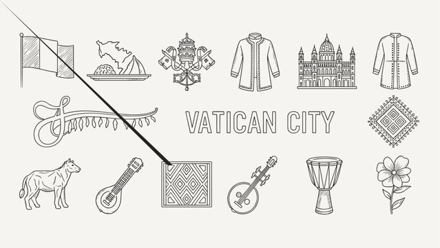 Vatican City cultural symbols and landmarks in a doodle art style