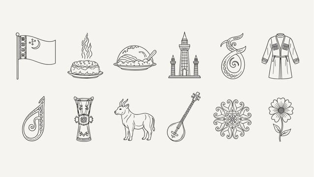 Collection of Turkmenistan National Symbols and Cultural Icons in Outline Style