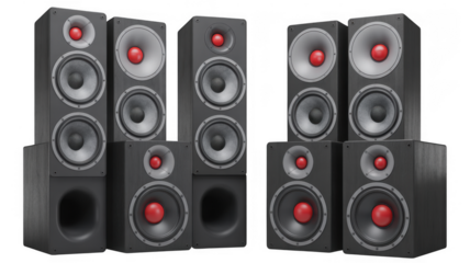 Stack of gray speakers with red woofers isolated on a transparent background