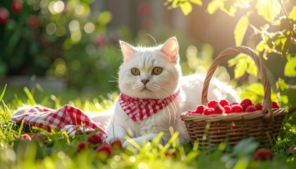 White Scottish Fold Cat with Raspberry Basket
