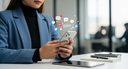 Businesswoman Managing Social Media on Smartphone with Visualized Notifications and Connections in a Modern Office
