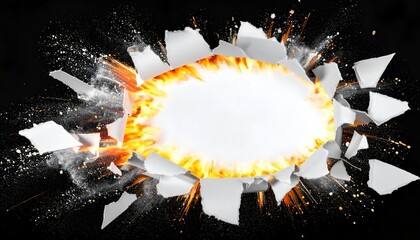 A fiery explosion bursts through torn paper against a black backdrop, creating a circular frame