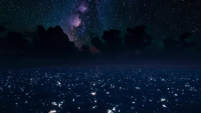 Vast ocean under a star-filled sky with a reflection of faint lights