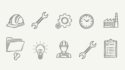 Collection of hand-drawn industrial and business icons for design projects