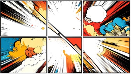 Comic book panels showing dynamic action with speed lines, explosions, and a blank speech bubble
