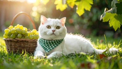 White Scottish Fold Cat with Grape Basket