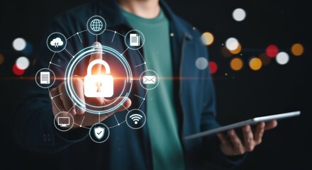 Digital Security Concept: Person Touching a Virtual Padlock Surrounded by Technology Icons, Holding Tablet