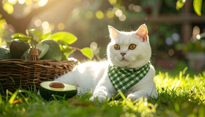 White Scottish Fold Cat with Avocado Basket