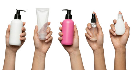 Hands Holding Skincare Products: Lotions, Creams, and Sprays