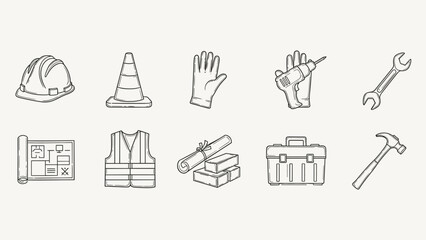 Collection of construction and DIY tools and safety equipment icons in a hand-drawn style