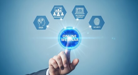 Online Webinar Concept with Hand Touching Button Representing Virtual Meeting, Security, Idea, and Multimedia Content
