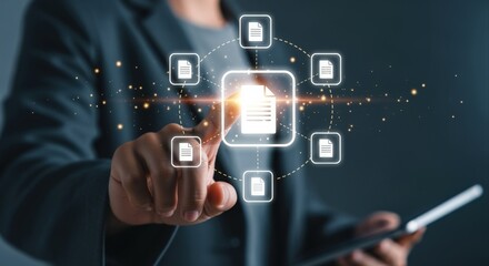 Document Management System Concept: Businesswoman Interacting with Digital File Icons on a Virtual Interface