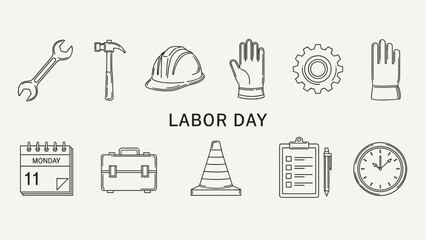 Fototapeta premium Labor Day icons representing tools, safety, and work schedule with a clock