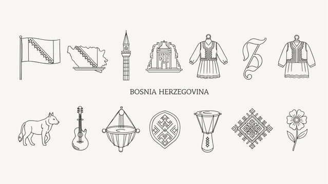 Bosnia Herzegovina cultural symbols and landmarks in a clean line art illustration