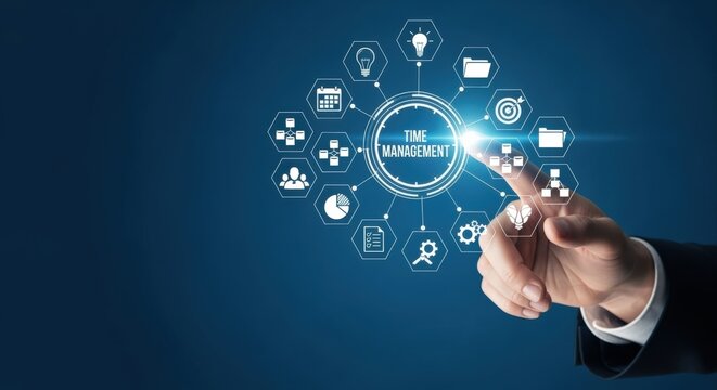 Time Management System Interface Pointing with Finger, Technology Concept for Planning and Productivity on Dark Blue Background