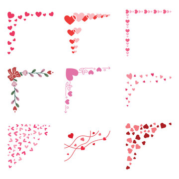 Valentine's Day corner border set. Vector red heart and floral angle frames for romantic card decoration