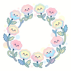 [Vector EPS]Cute floral wreath with pastel colored flowers and smiling faces