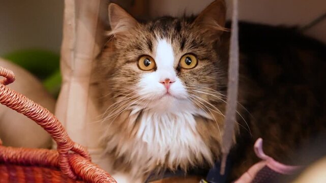 A domestic longhair tabby cat sitting on a shelf, looking expectantly upward and then lowering its gaze. Calm indoor pet scene showing anticipation, focus and gentle behavior in a cozy home.