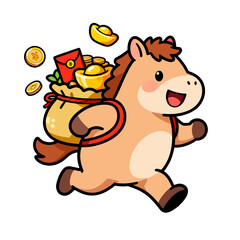 Fototapeta premium [Vector EPS]Cute cartoon horse carrying a bag full of treasures and coins