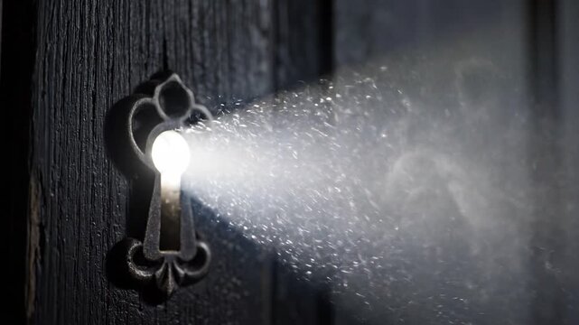 Bright light beam shining through a vintage keyhole on a dark wooden door. Swirling smoke and dust particles in the ray. Mystery, secret, and discovery concept
