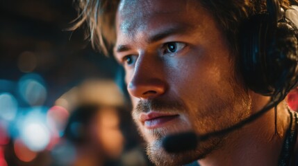 Focused gamer concentrates during an intense eSports competition late at night in an electrifying gaming venue