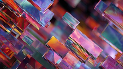 Colorful abstract of translucent, rectangular shapes with iridescent light effects