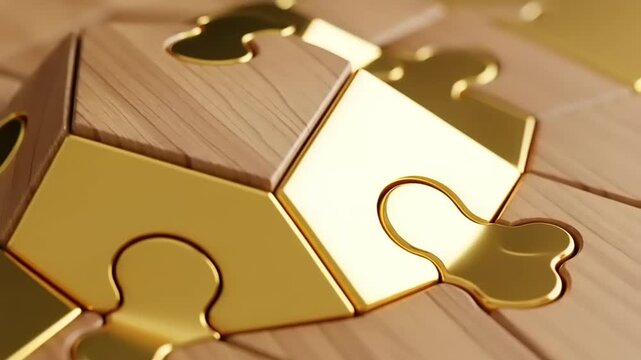 Golden Jigsaw Puzzle Pieces Fitting Together.