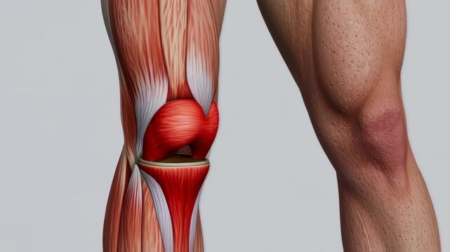 knee joint pain illustration, red inflamed knee area, muscle and bone anatomy