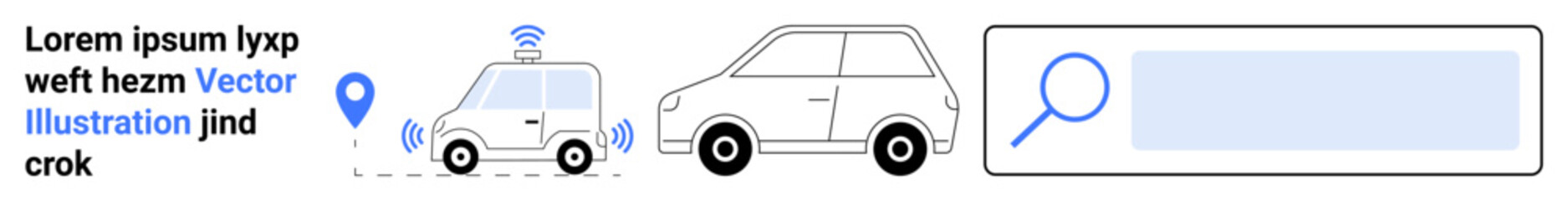 Fototapeta premium Vehicle tracking, navigation systems, location services, search technology, GPS concepts, map solutions. Cars with icons thumbs up location pin, signal search bar. Vehicle tracking and navigation