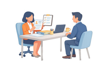Fototapeta premium Vector illustration : professional female HR manager or consultant sitting at desk, showing checklist on clipboard to candidate or client - job interview, recruitment process, business consultation