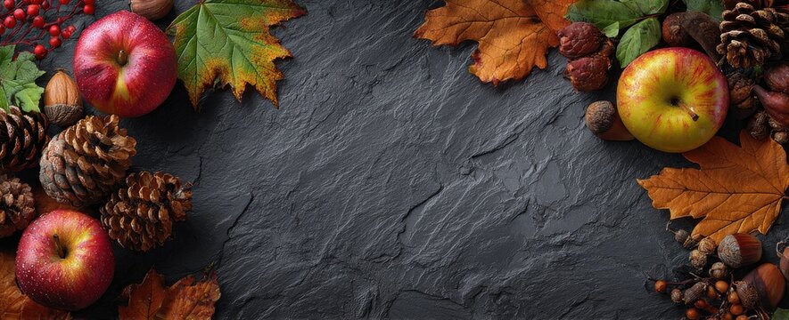 Colorful autumn harvest composition with apples, nuts, leaves, and pinecones on a dark stone background