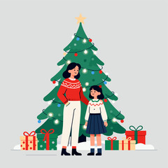Naklejka premium [Vector EPS]Mother and daughter standing near a decorated Christmas tree