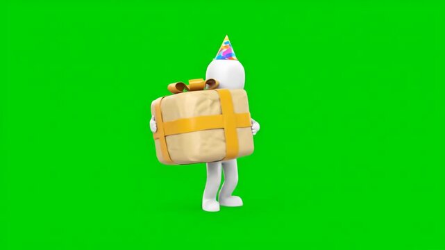 3D Character Carrying Large Gift Box with Party Hat on Green Screen