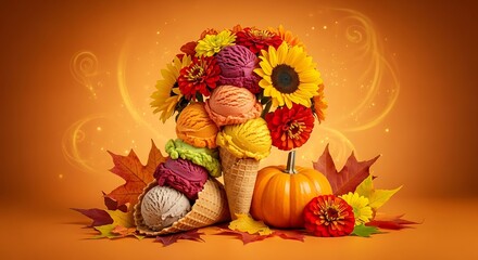 Naklejka premium Delicious autumn ice cream cones decorated with seasonal flowers pumpkins and leaves