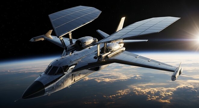 Futuristic starfighter spaceship looping over earth's atmosphere with sunlight flare