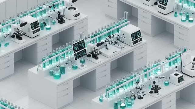 Laboratory Workstations with Scientific Equipment and Glassware.