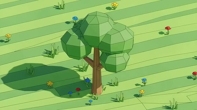 Low Poly Tree in Green Field Animation.