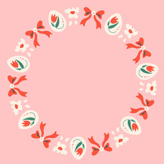 Fototapeta premium Tulip Ribbon Easter Wreath. Round floral frame with Painted Eggs bows floral motifs gentle petals pastel harmony, charming hand drawn illustration for elegant seasonal decorations.