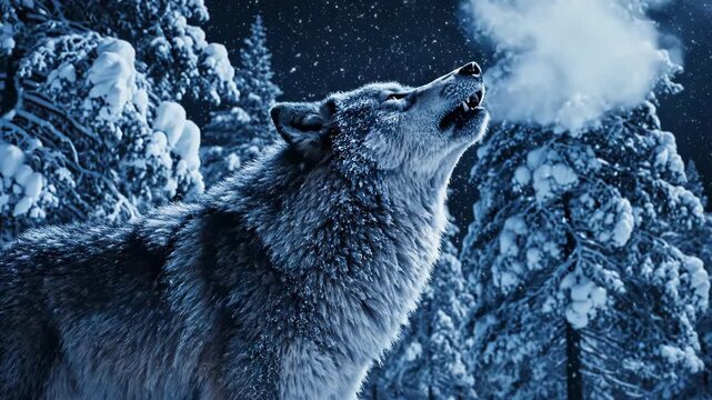 Majestic gray wolf howling powerfully in a snowy pine forest on a freezing winter night, with visible breath vapor and falling snow under the moonlight.